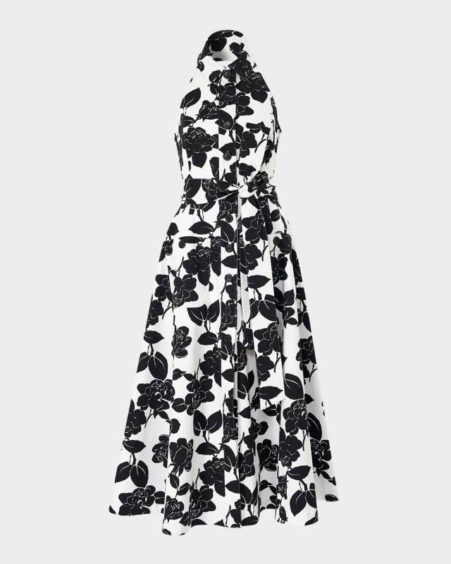 Collared Halter Button-Front Midi Dress